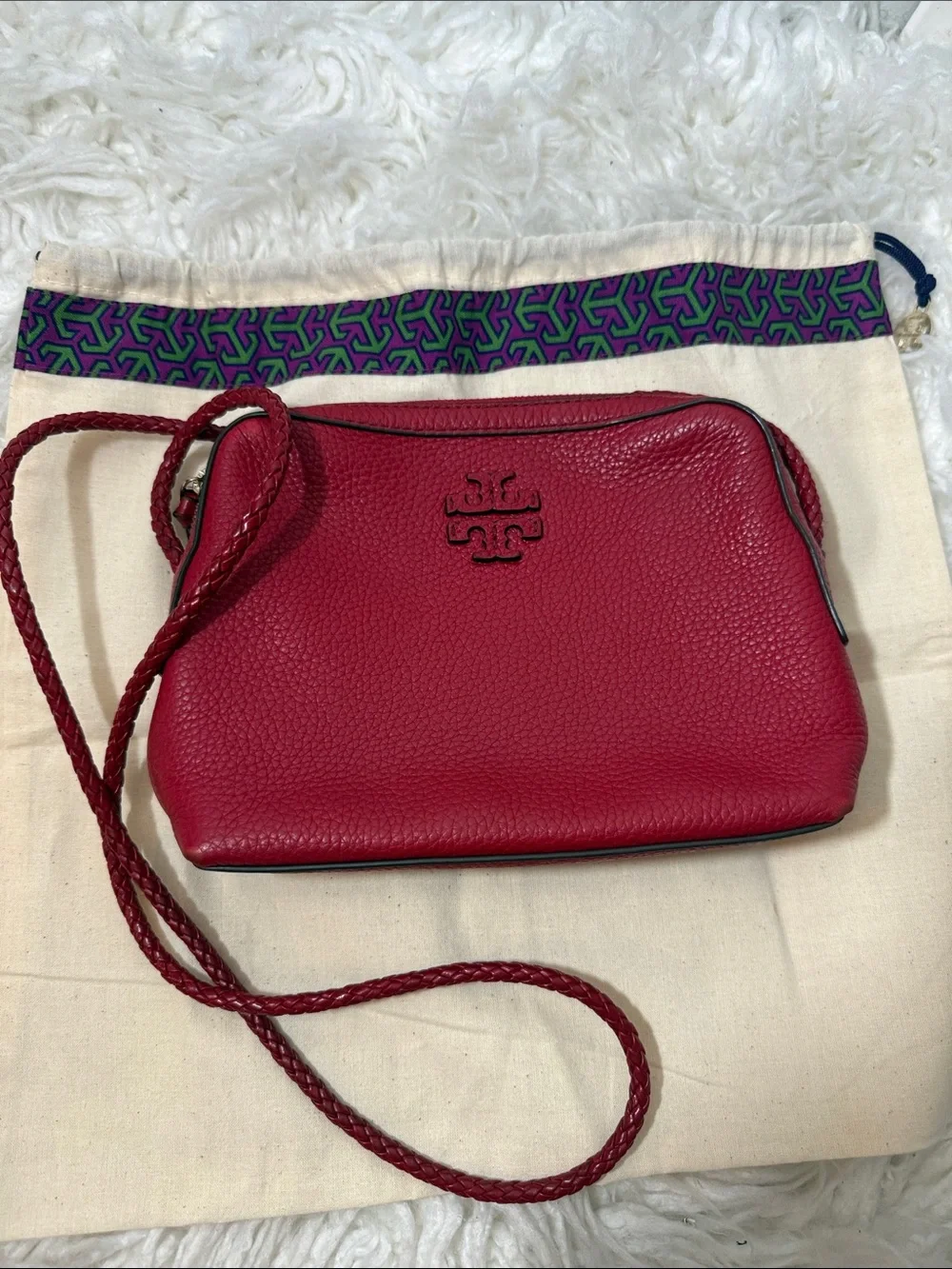 Tory Burch Deep Red Pebbled Leather Crossbody with Braided Strap small